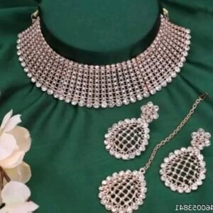 Pink Jewellery Set for Women, Choker Necklace with Earrings And Mangtikka